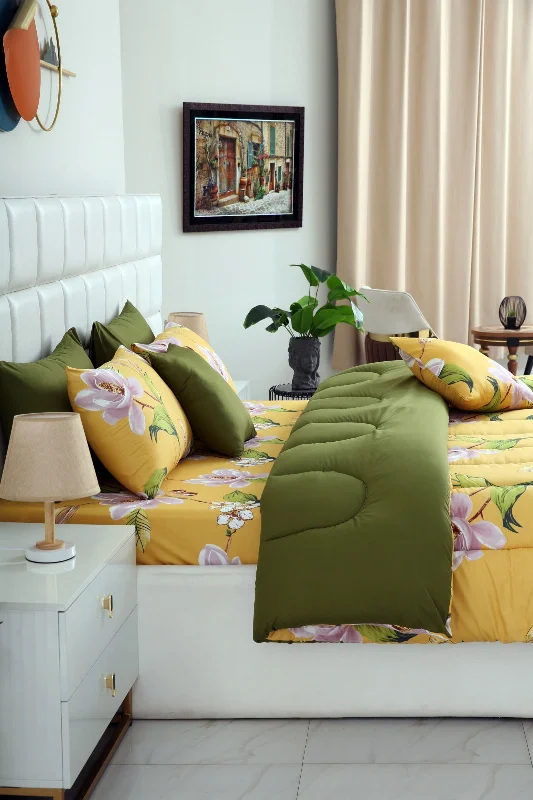 5 PCs Single Comforter Set-Hibiscus(With Olive Reverse)