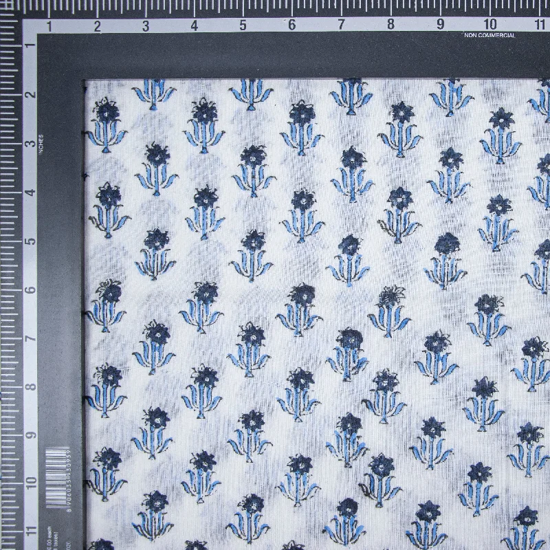 Stunning Handmade Block Printed Blue Buti Voile Cotton Fabric Cloth