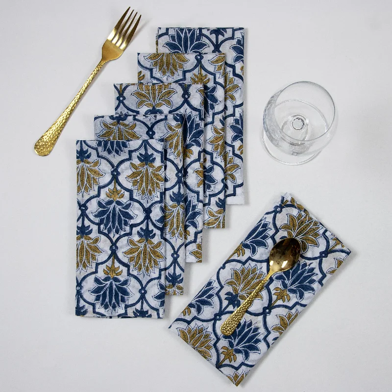 Modern Blue Floral Block Printed Handmade Cotton Cloth Napkins