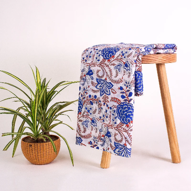 Jaipuri Hand Block Printed Pure Cotton Blue Floral Running Fabric