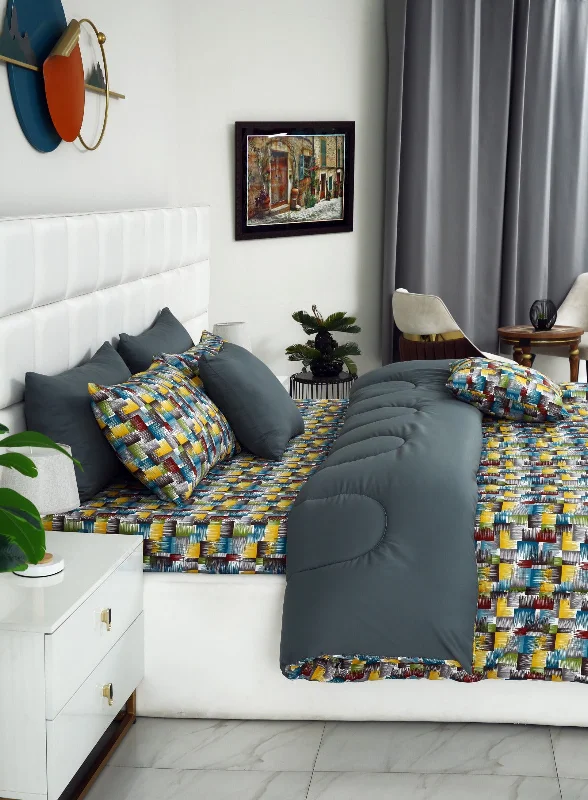 5 PCs Single Comforter Set-Multi Ombre(with Grey Reverse)