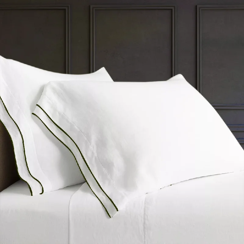 OLIVE GREEN TIPPED  WHITE LINEN SHEET SET