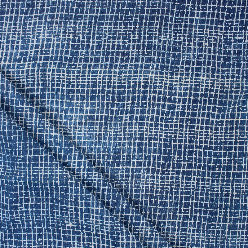 Indian Indigo Blue Handmade Block Printed Checks Running Fabric Cloth