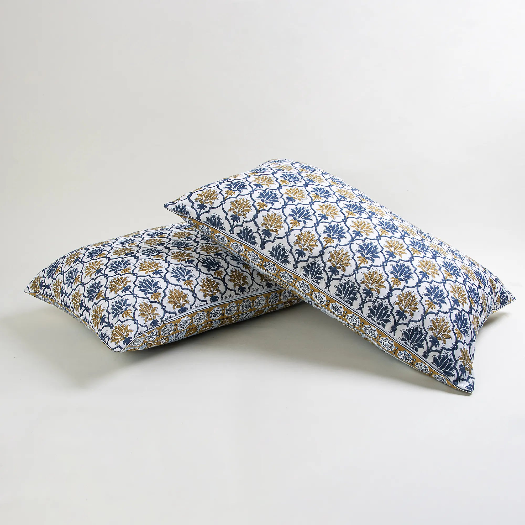 Blue Floral Reversible Hand Block Printed Pure Cotton Pillowcase