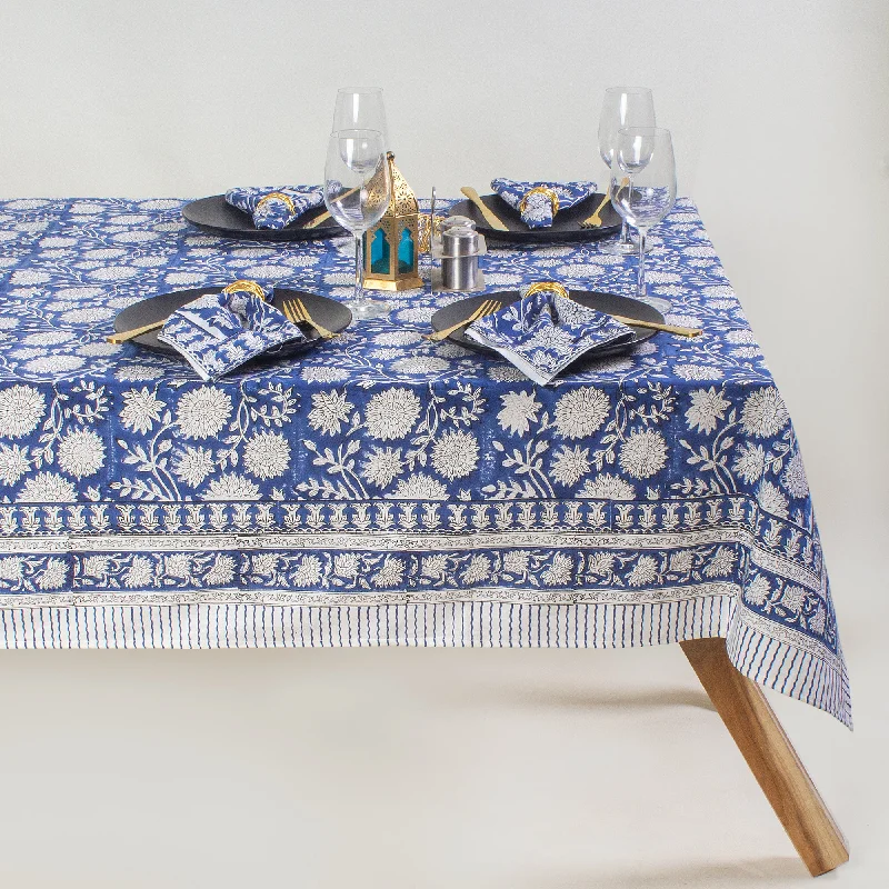 Organic Indian Block Printed Blue Floral Cotton Table Cover for Living Space