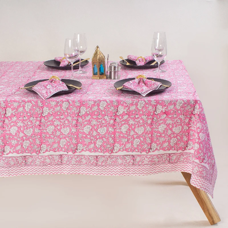 Exclusive Indian Hand Block Printed Pink Floral Pure Cotton Tablecloth