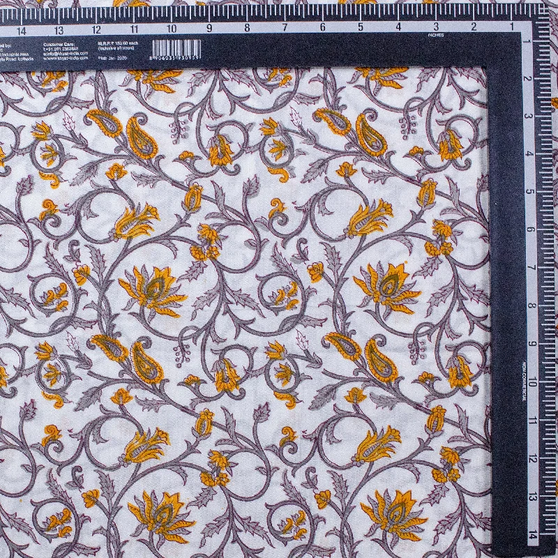 Yellow Floral Indian Hand Blocked Pure Cotton Printed Fabric by Yard