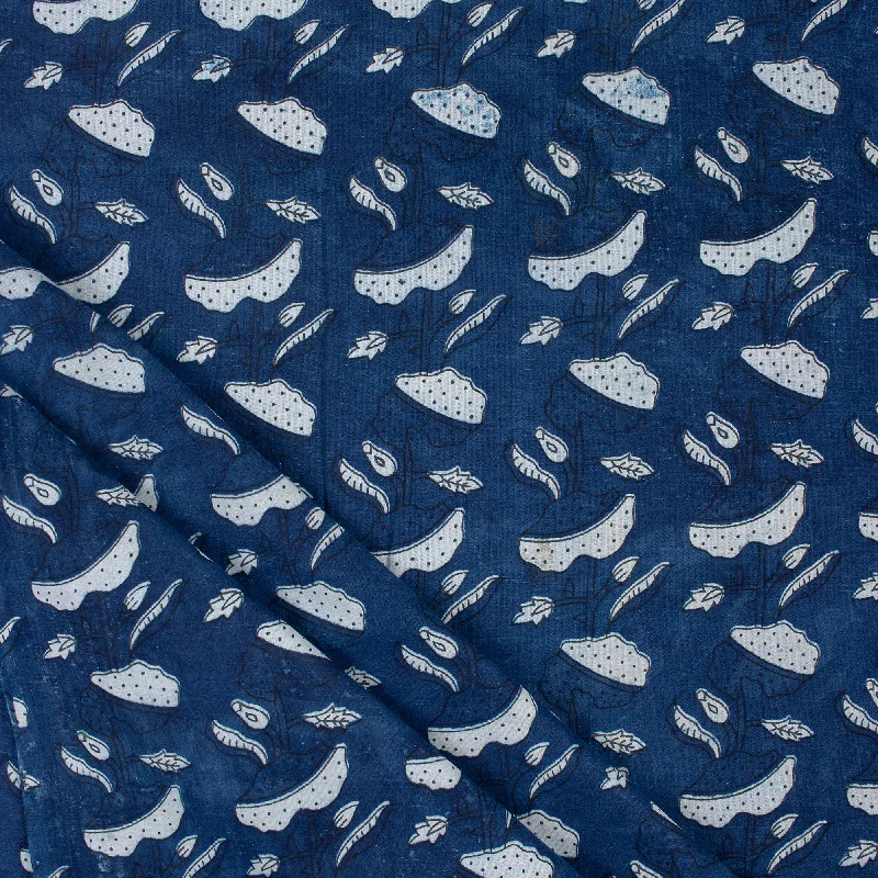 Indigo Blue Block Printed Handmade Floral Cotton Fabric Clothes