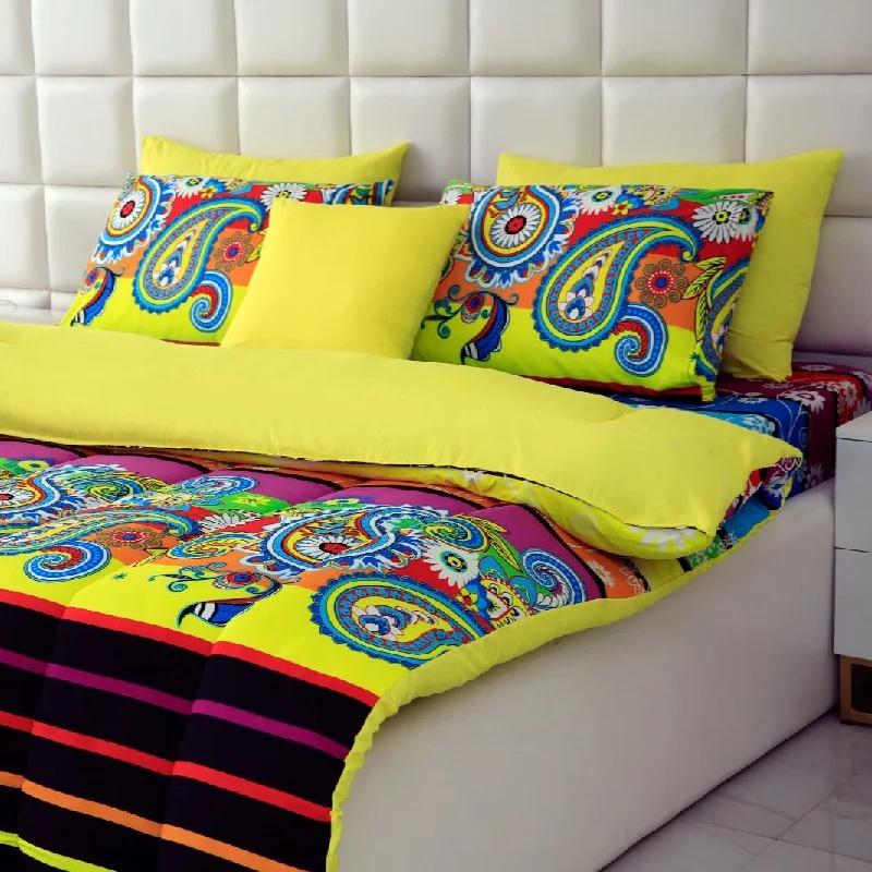 5 PCs Single Comforter Set-Multi Flower (Yellow Reverse)