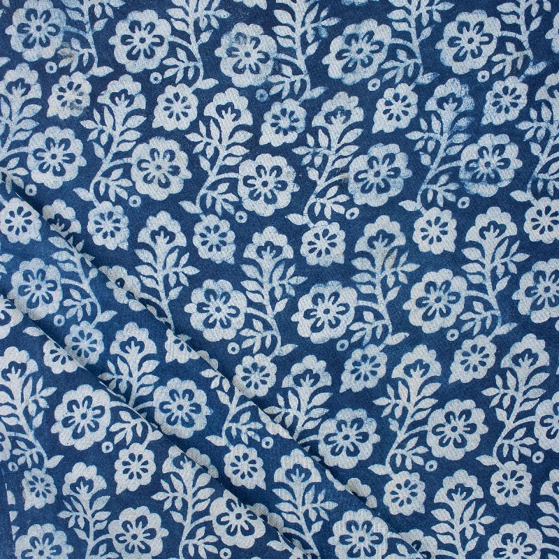 Indian Hand Block Floral Print Indigo Blue Summer Dress Fabric