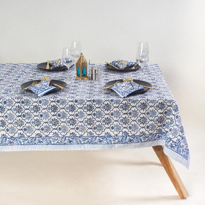 Indian Hand Block Printed Blue Floral Pure Cotton Dining Room Tablecloth