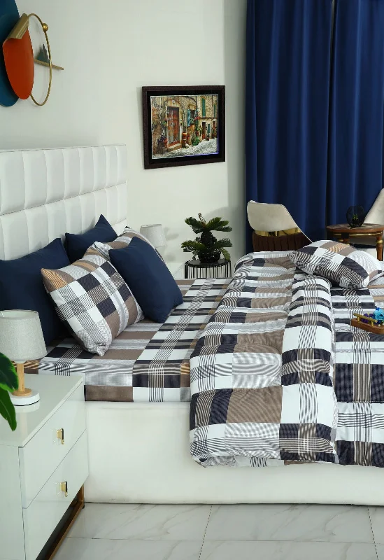 5 PCs Single Comforter Set-Brown Check