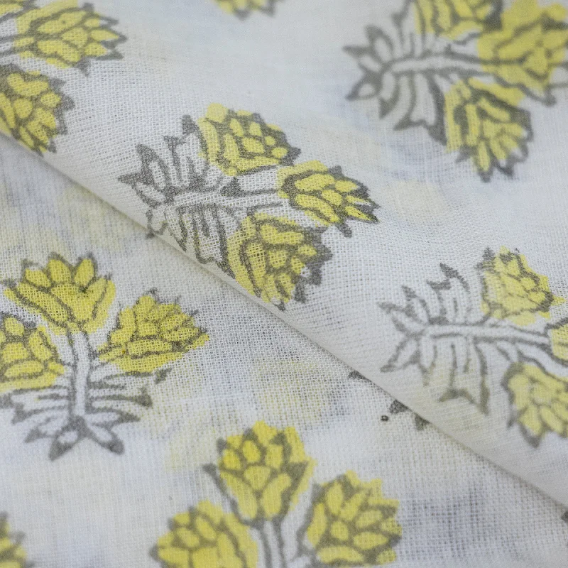 Yellow Floral Indian Hand Block Printed Pure Cotton Fabric by Yard