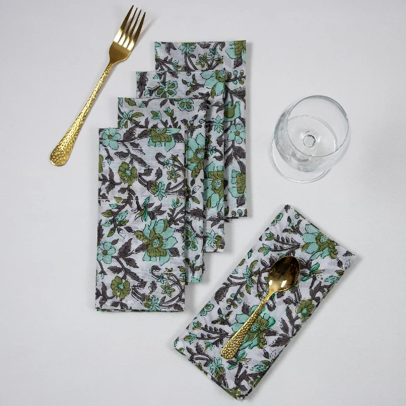 Exclusive Handmade Green Floral Indian Block Printed Cotton Dinner Napkin