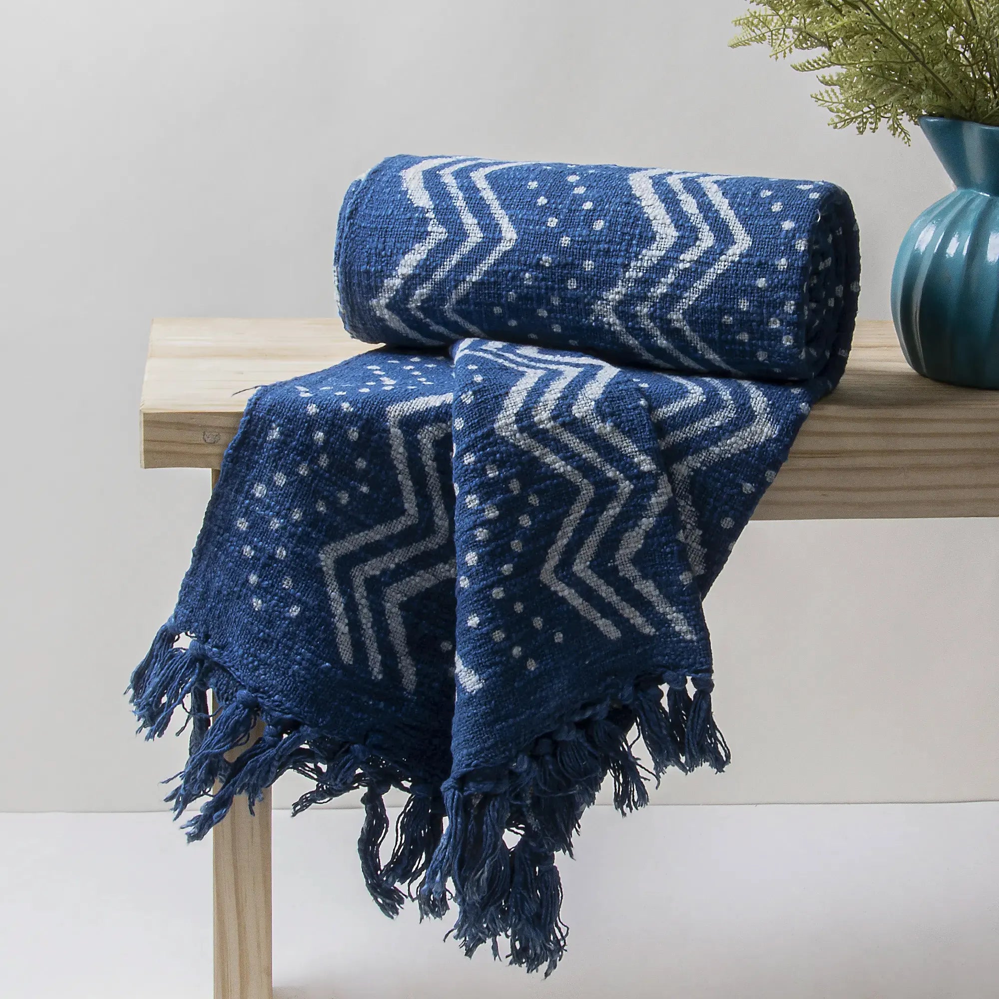 Block Printed Dark Blue Zigzag Print Cotton Throw Blankets