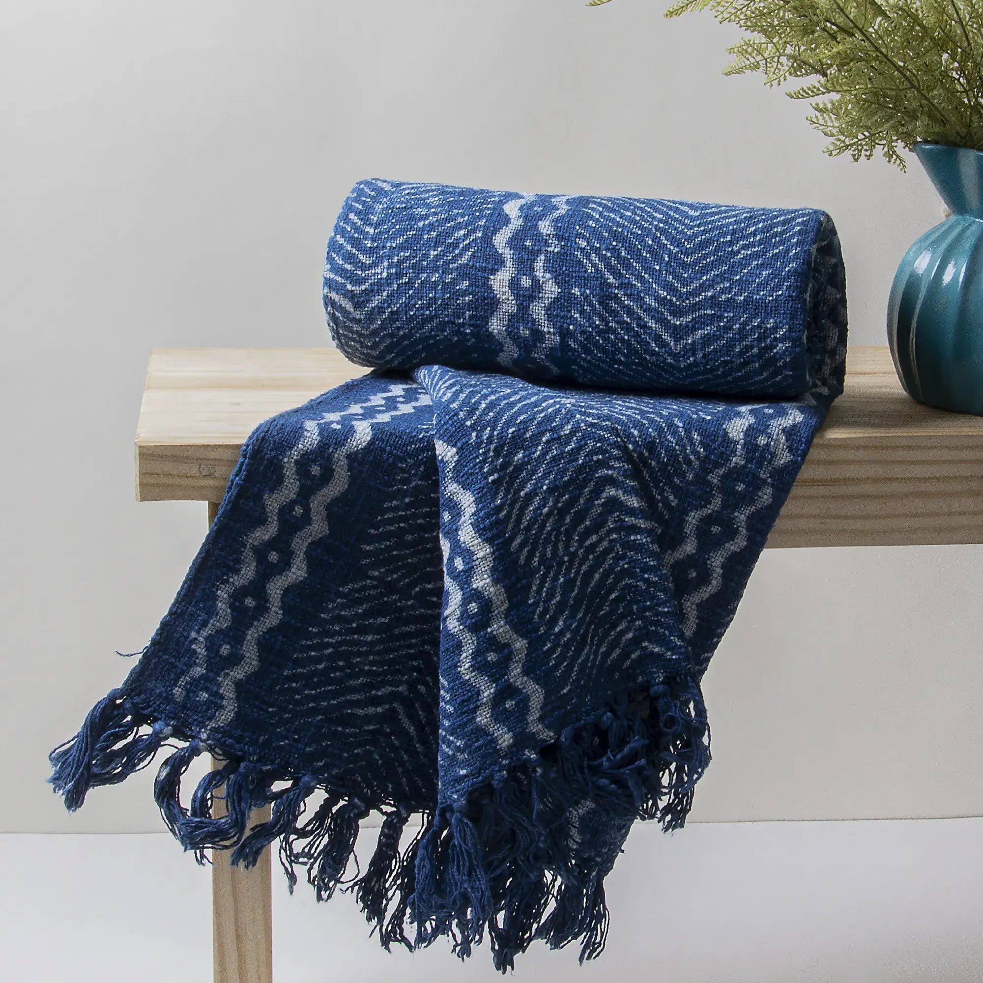 Indian Blue Wave Hand Block Printed Cotton Throw Blanket