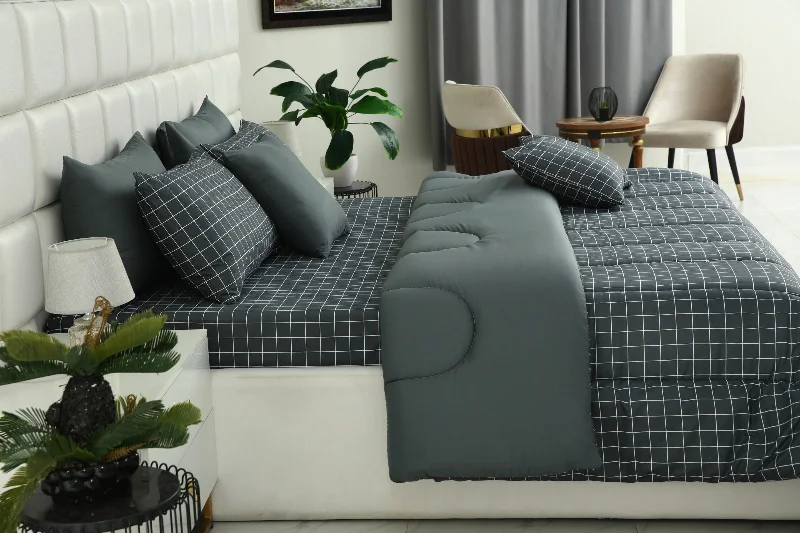 5 PCs Single Comforter Set-Grey Check