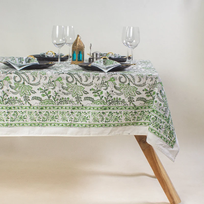 Designer Hand Block Printed Green Floral Dining Cotton Table Cloth