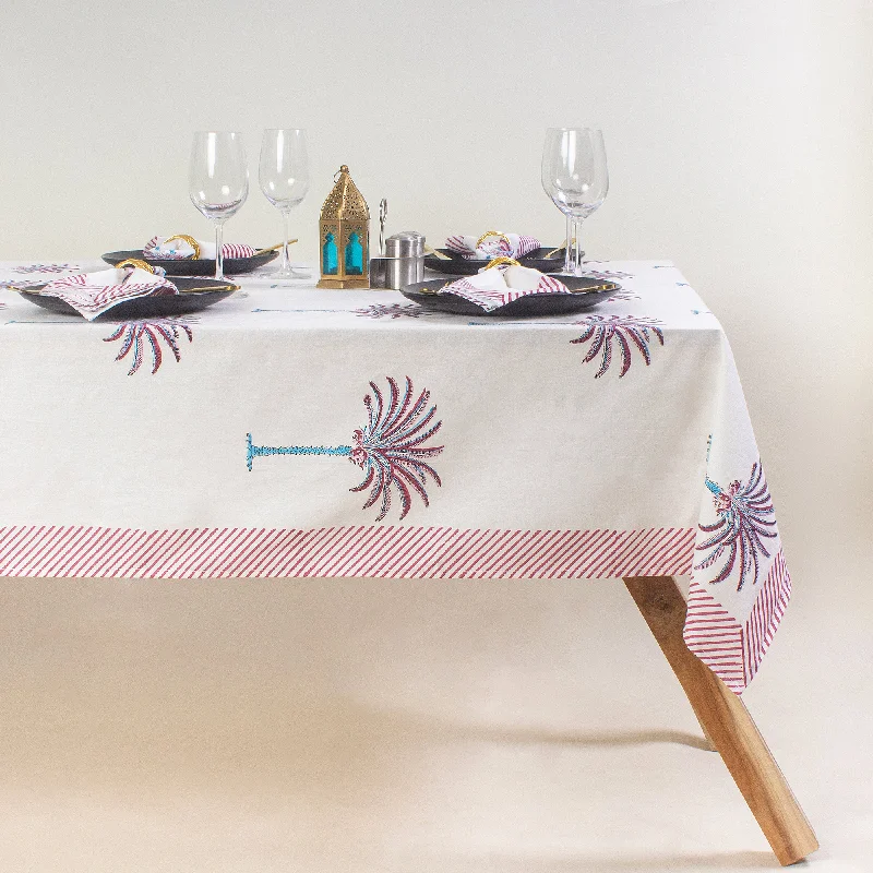 Indian Pink Palm Tree Pure Cotton Hand Block Printed Tablecloth for Wedding Party