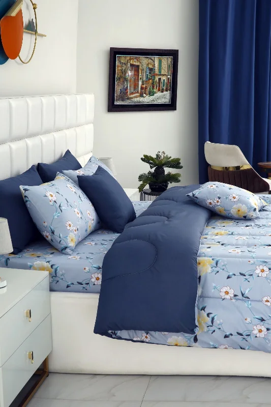 5 PCs Single Comforter Set-Iceberg Flower(With Blue Reverse)