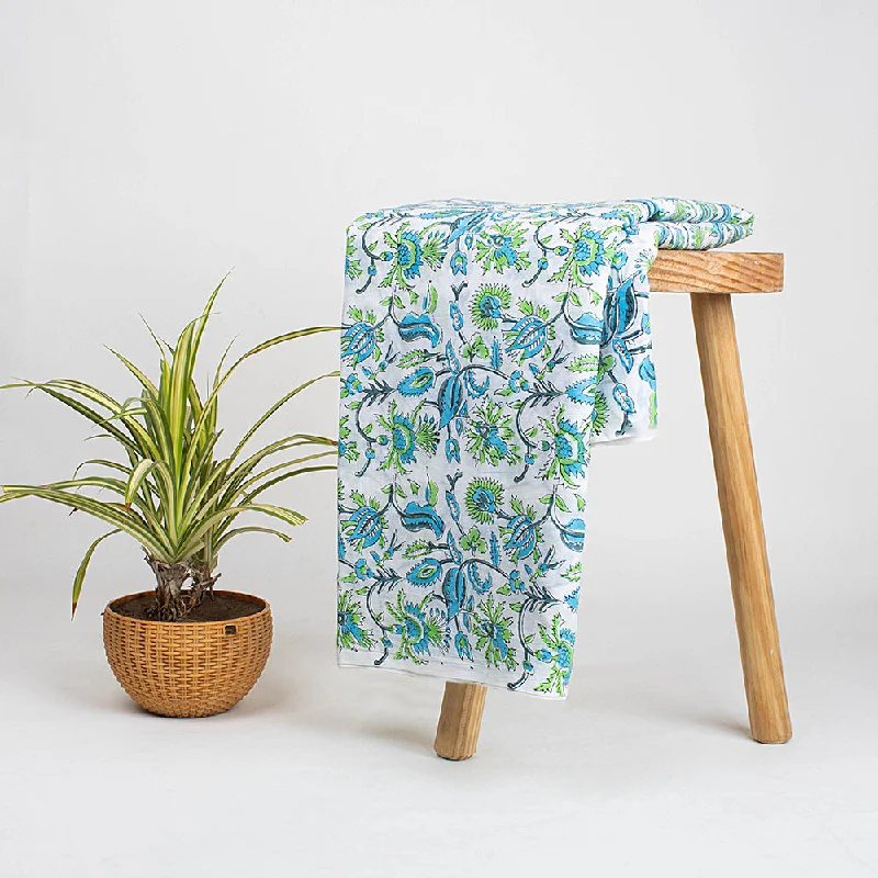 Sustainable  Blue Floral Indian Hand Block Printed Pure Cotton Clothing Fabric