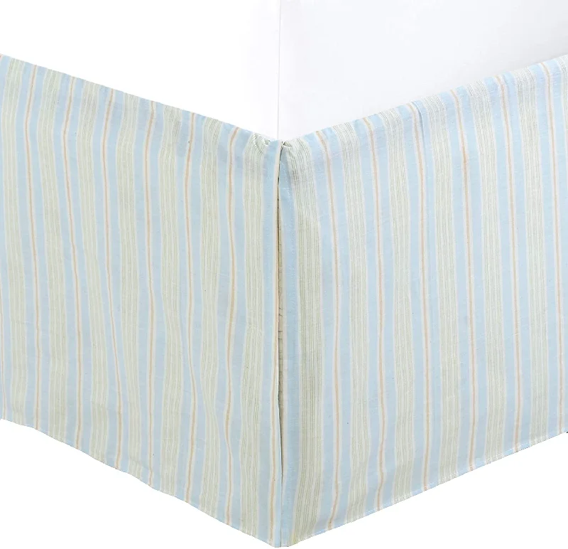 Tailored Bed Skirt Light Blue Green Yellow White Striped Cotton Pleated Straight Dust Ruffle with Split Corners (16" Drop)