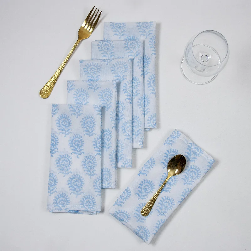 Stunning Blue Buti Block Printed Indian Cotton Dinner Napkins