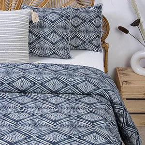 Blue Geometric Block Printed Pure Cotton Machine Blankets