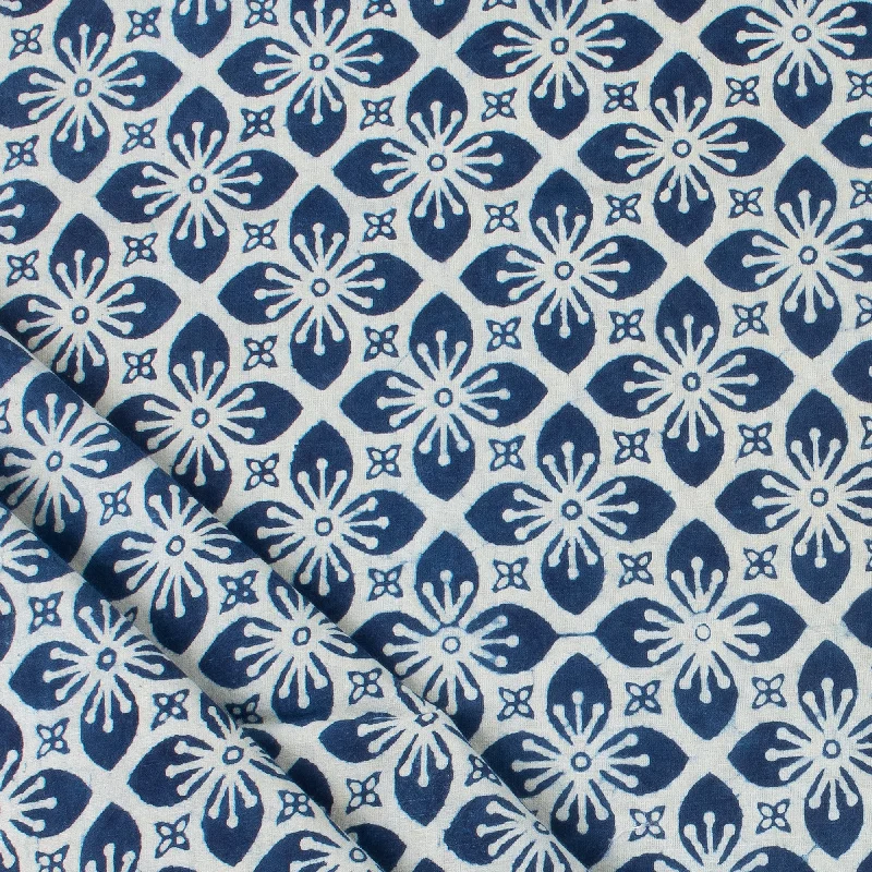 Indian Indigo Blue Hand Blocked Floral Jaipuri Print Fabric