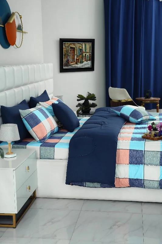 5 PCs Single Comforter Set-Pastel Check(With Blue Reverse)