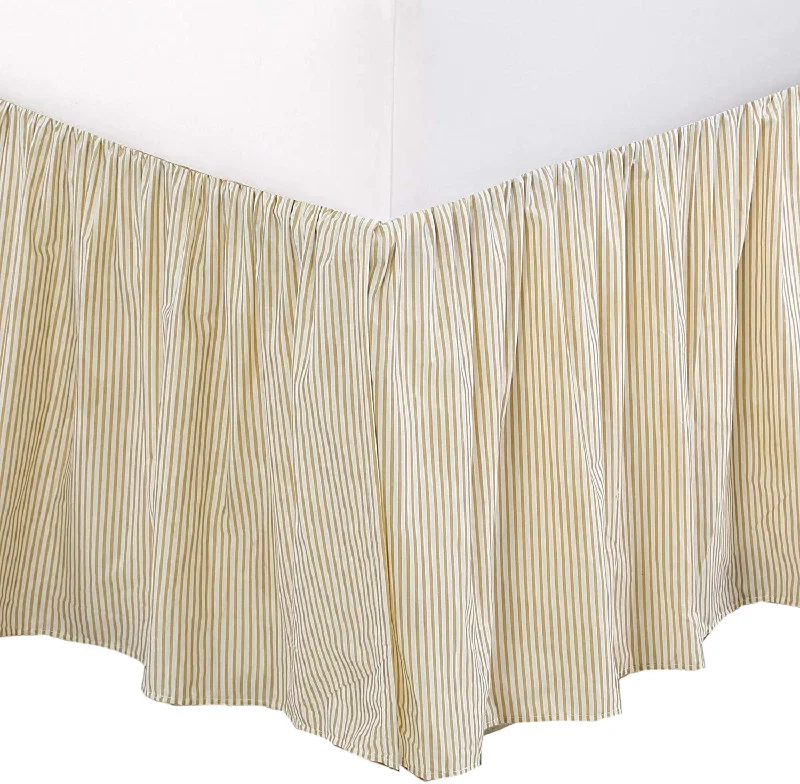 Tailored Bed Skirt Farmhouse Ticking Cream Golden & Yellow Caramel Cotton Striped Ruffled Dust Ruffle,  16" Drop