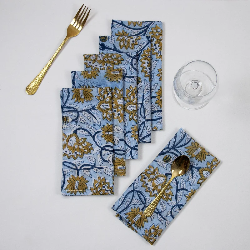 Indian Blue Floral Hand Block Printed Cotton Dinner Napkins