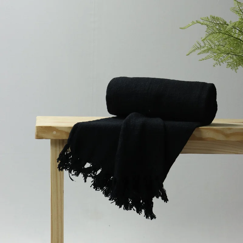 Decorative Solid Black Indian Handmade Pure Cotton Throw Blanket for Home Decor