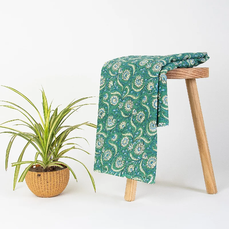 Green Floral Indian Hand Block Printed Pure Cotton Running Fabric