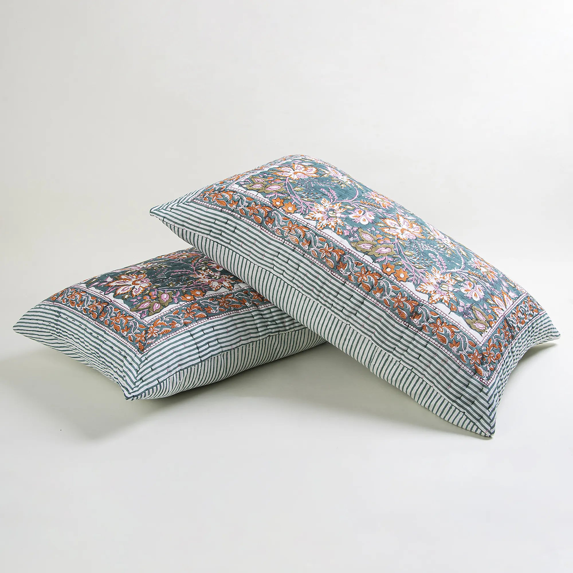 Block Printed Reversible Floral Handmade Cotton Throw Pillowcase