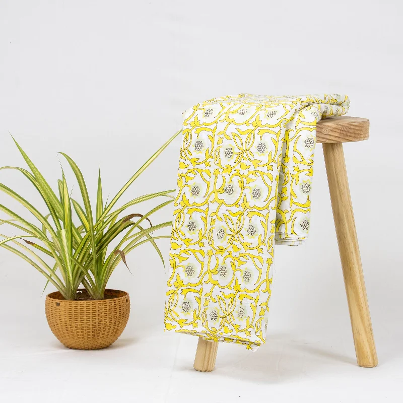 Eco Friendly Indian Hand Block Yellow Floral Printed Soft Cotton Sewing Fabric