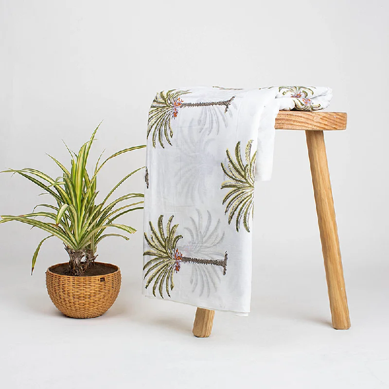 Natural Hand Block Printed Palm Tree Voile Cotton Fabric Cloth