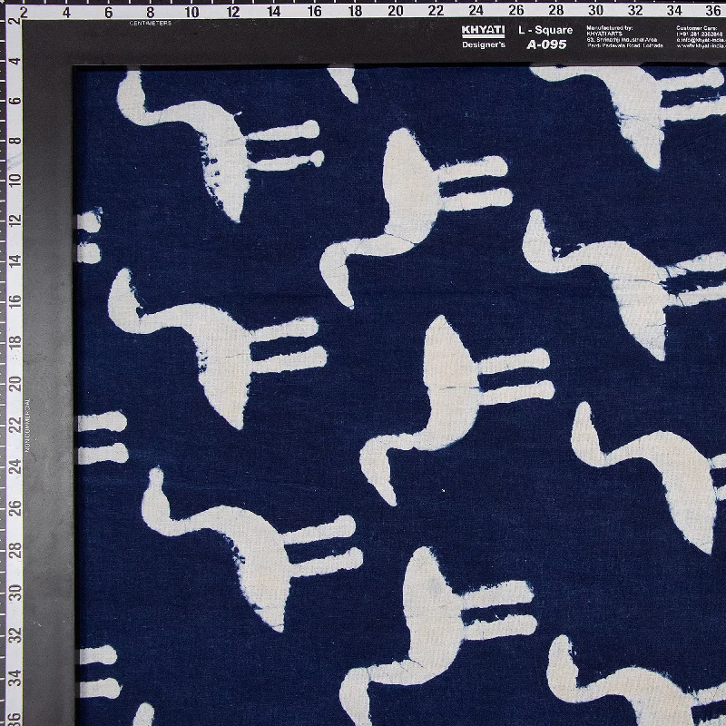 Luxury Indian Hand Printed Pure Cotton Indigo Blue Flamingo Bird Fabric Cloth