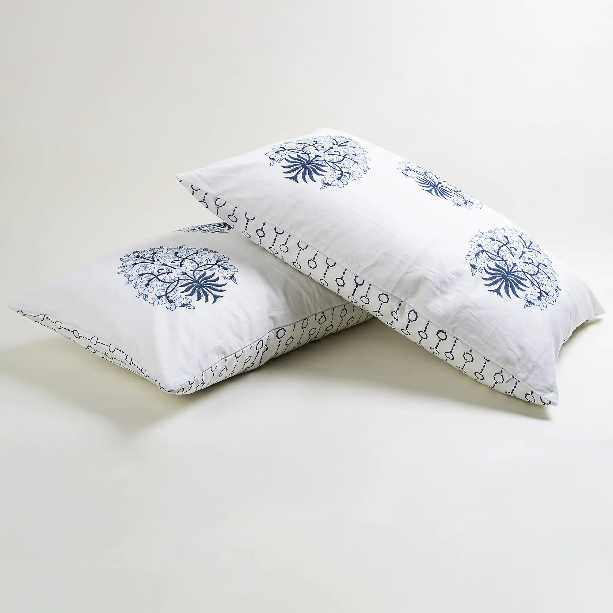 Designer Reversible Blue Floral Hand Block Printed Pure Cotton Pillow Cover