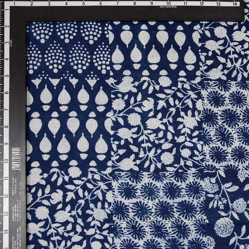 Indigo Blue Patchwork Print Indian Pure Cotton Light Weighted Fabric By Yard