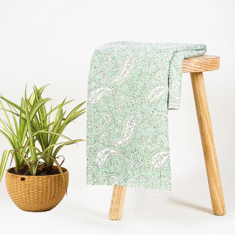 Green Paisley Indian Hand Block Printed Pure Cotton Fabric for Napkins