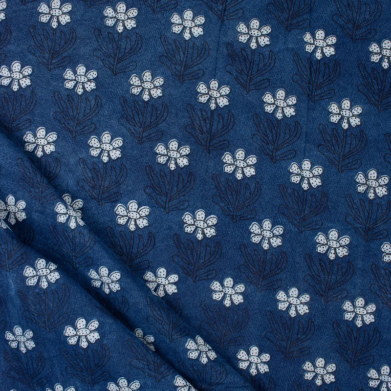 Jaipuri Cotton Hand Block Indigo Blue Booti Floral Fabric By Yard