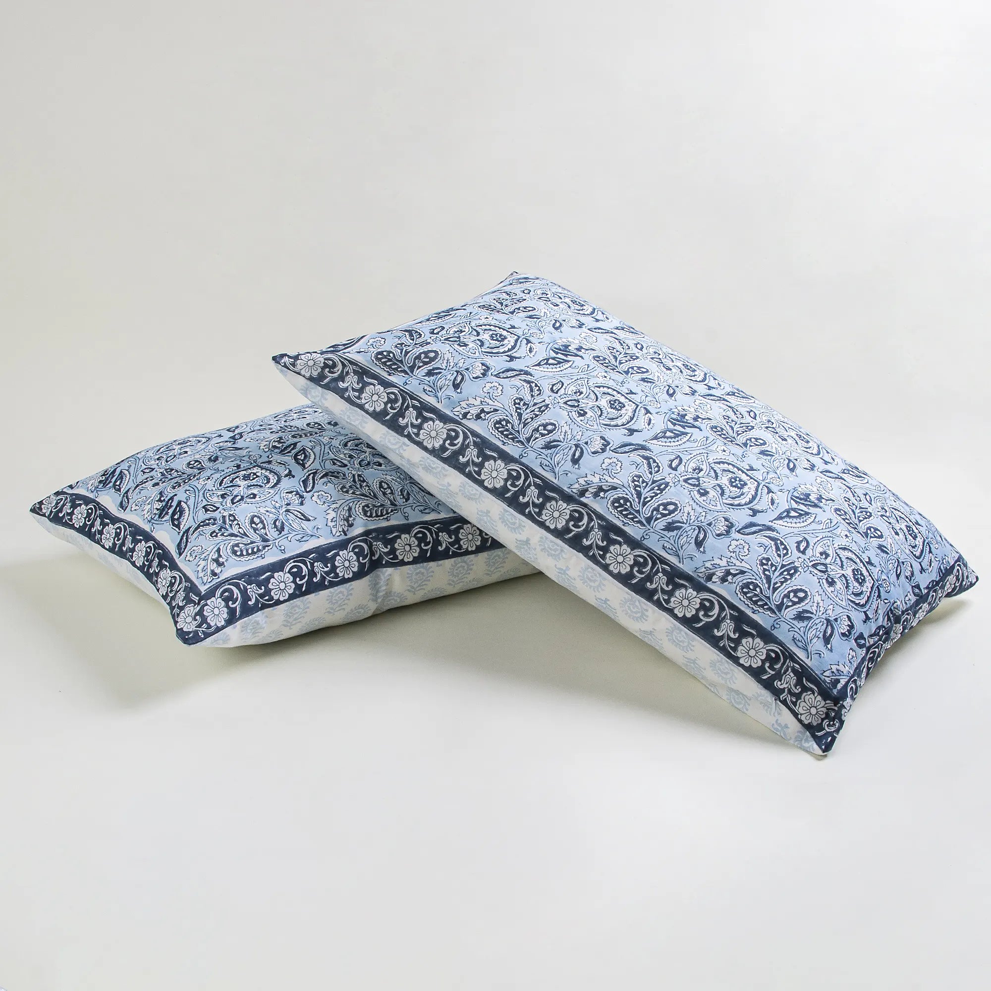 Indian Hand Block Printed Blue Floral Reversible Cotton Pillows