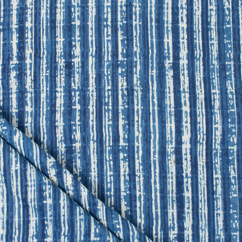 Indigo Blue Striped Indian Hand Block Printed Fabric by Yard