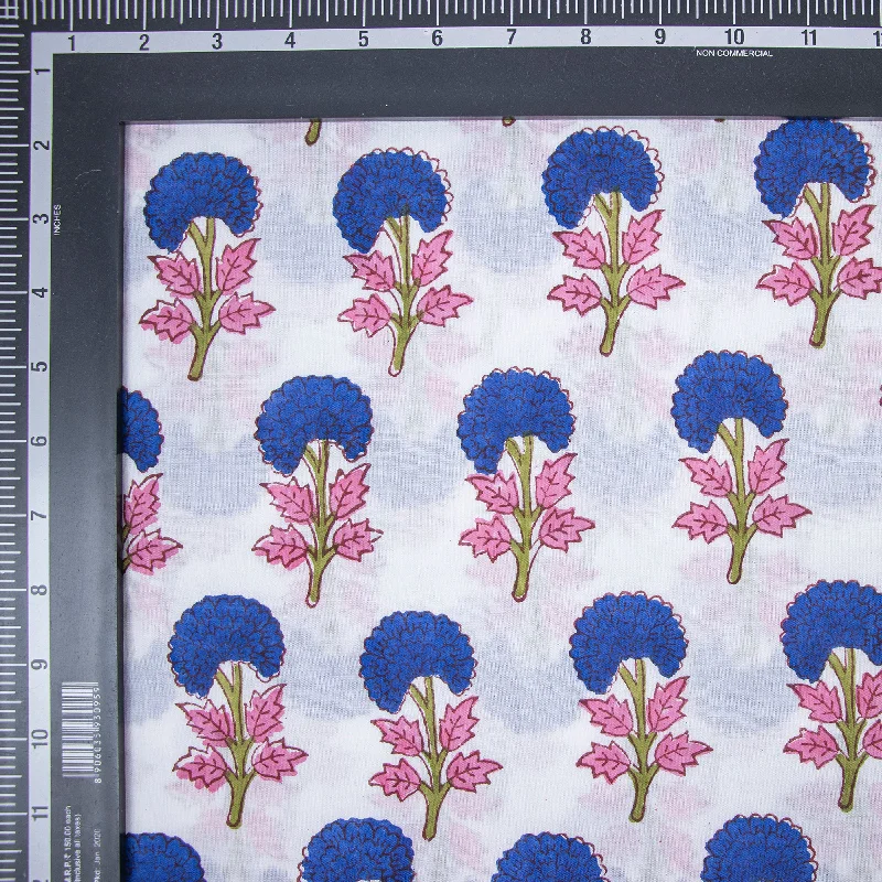 Natural Blue Floral Handcrafted Mud Block Printed Cotton Fabric Cloth