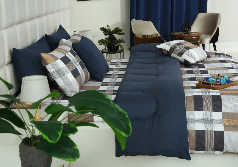 5 PCs Single Comforter Set-Brown Check(With Blue Reverse)