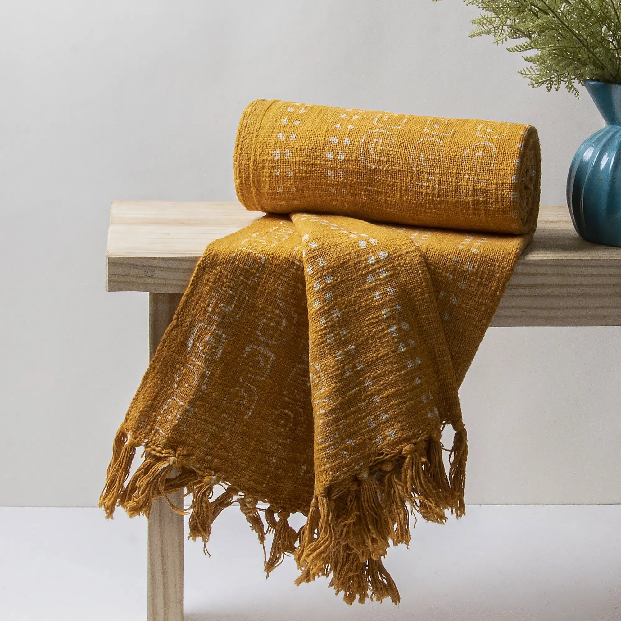 Sustainable Yellow Indian Handmade Block Printed Pure Cotton Chair Throw Blanket