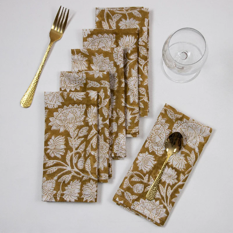 Brown Floral Hand Block Printed Reusable Pure Cotton Napkins