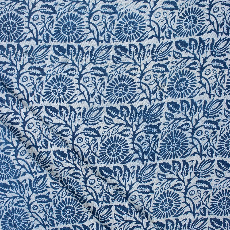 Block Printed Handmade Indian Indigo Blue Floral Print Cotton Voile Fabric