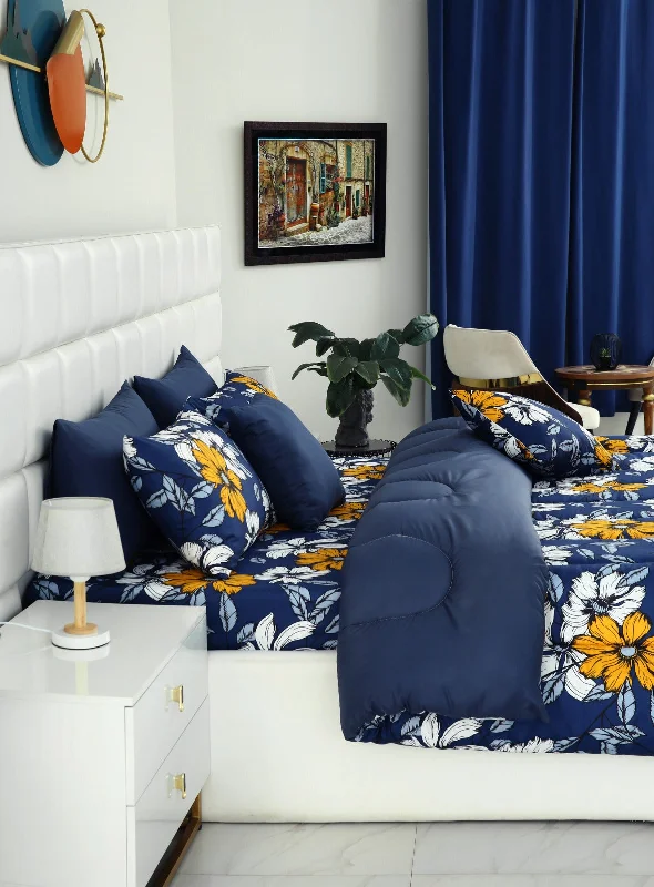 5 PCs Single Comforter Set-White Flower(With Blue Reverse)